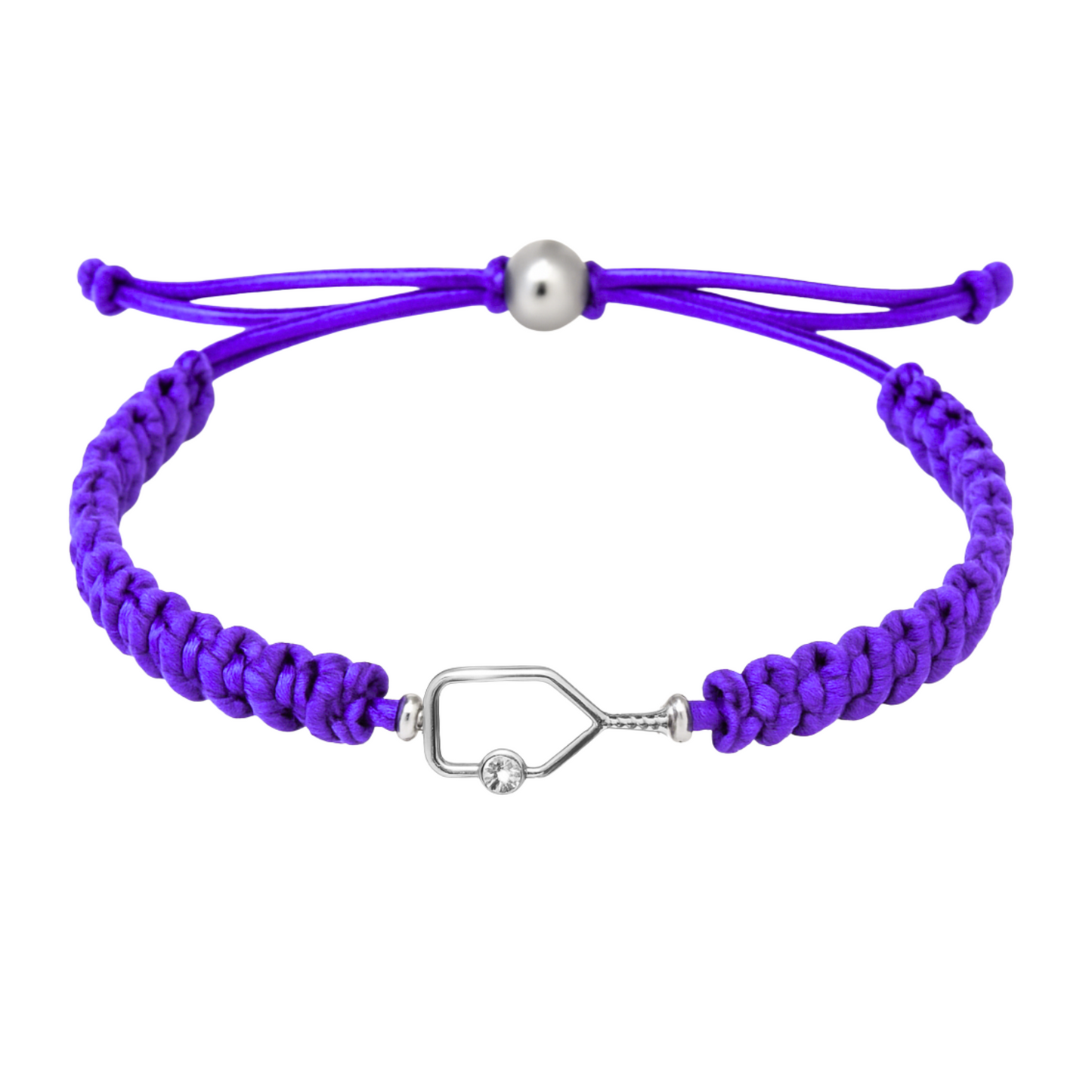 Purple braided bracelet featuring silver rhinestone paddle charm and secure closure