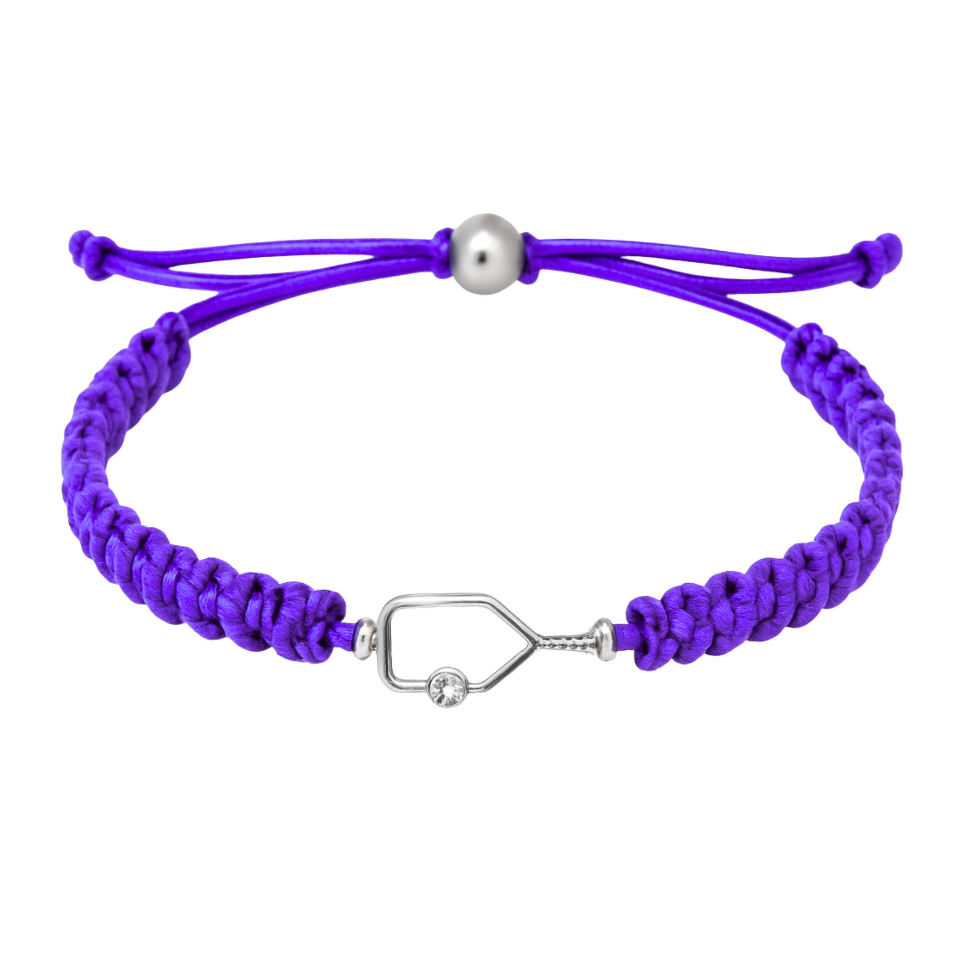 Purple braided bracelet featuring silver rhinestone paddle charm and secure closure