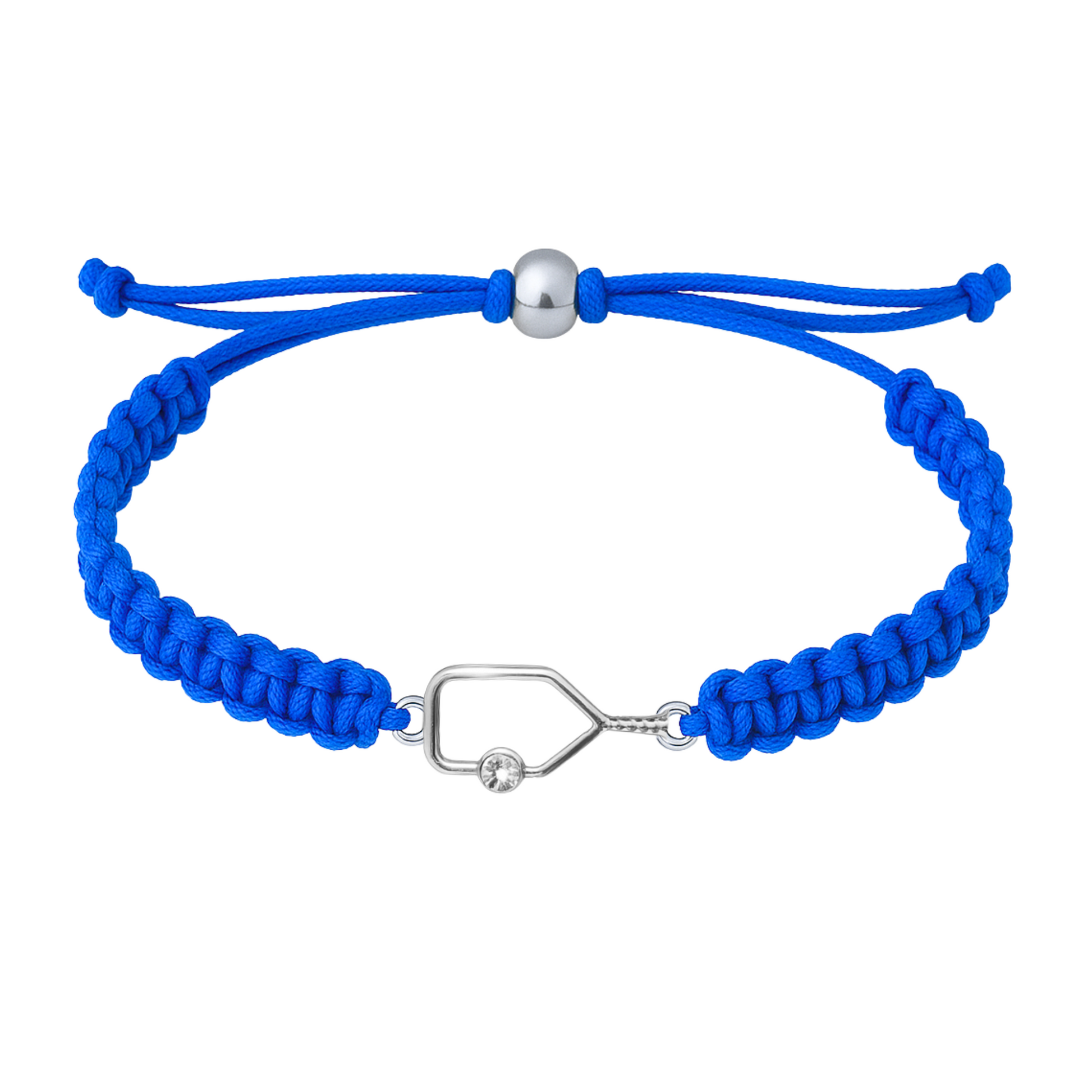Royal blue braided bracelet featuring a rhinestone pickleball paddle charm