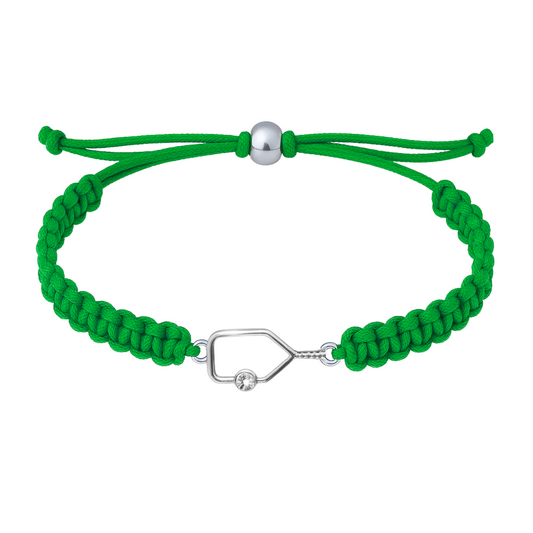 Green braided rope bracelet with silver rhinestone pickleball paddle charm and adjustable closure