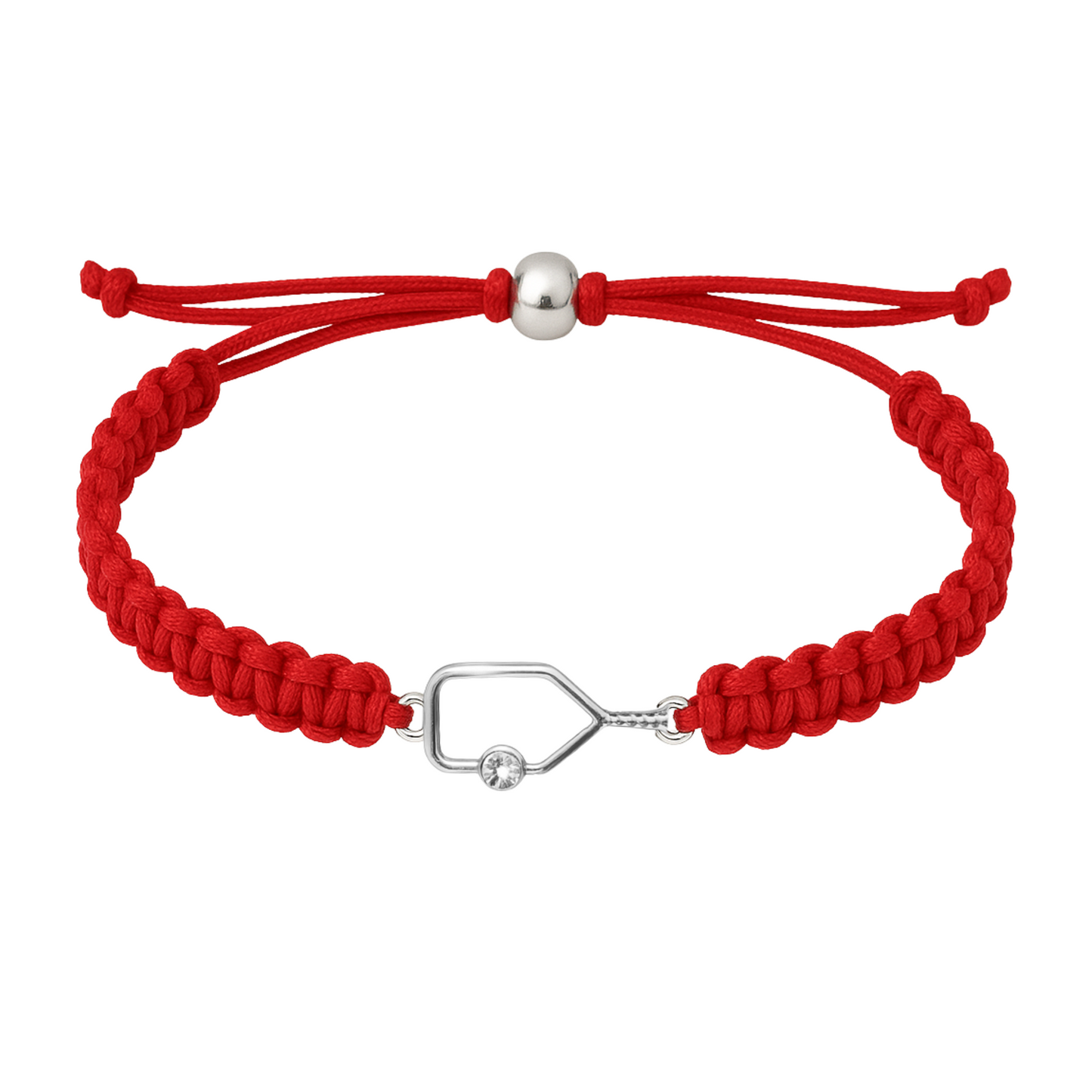 Red braided pickleball bracelet with silver rhinestone paddle charm and knotted ends