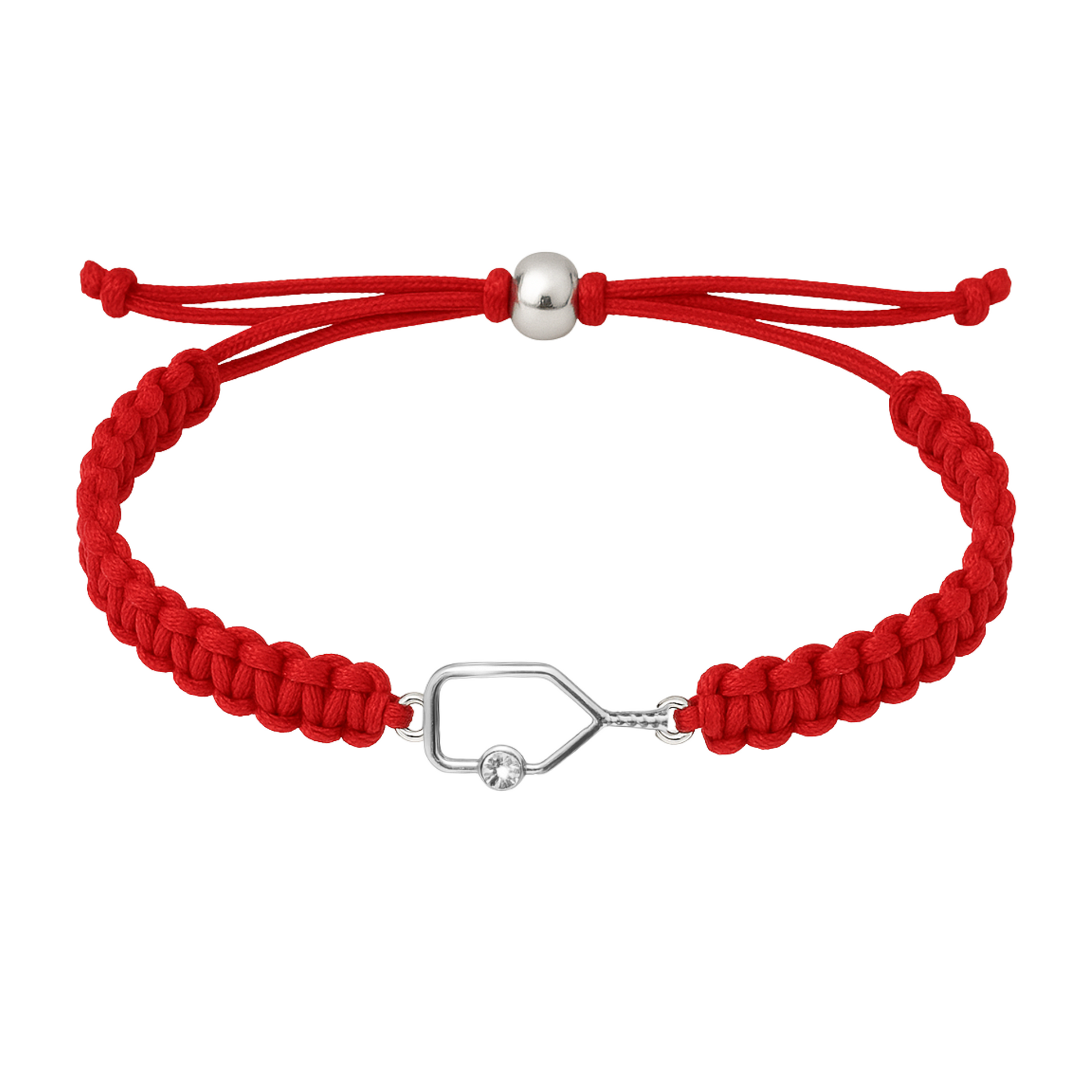 Red braided pickleball bracelet with silver rhinestone paddle charm and knotted ends