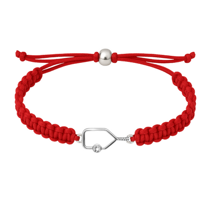 Red braided pickleball bracelet with silver rhinestone paddle charm and knotted ends