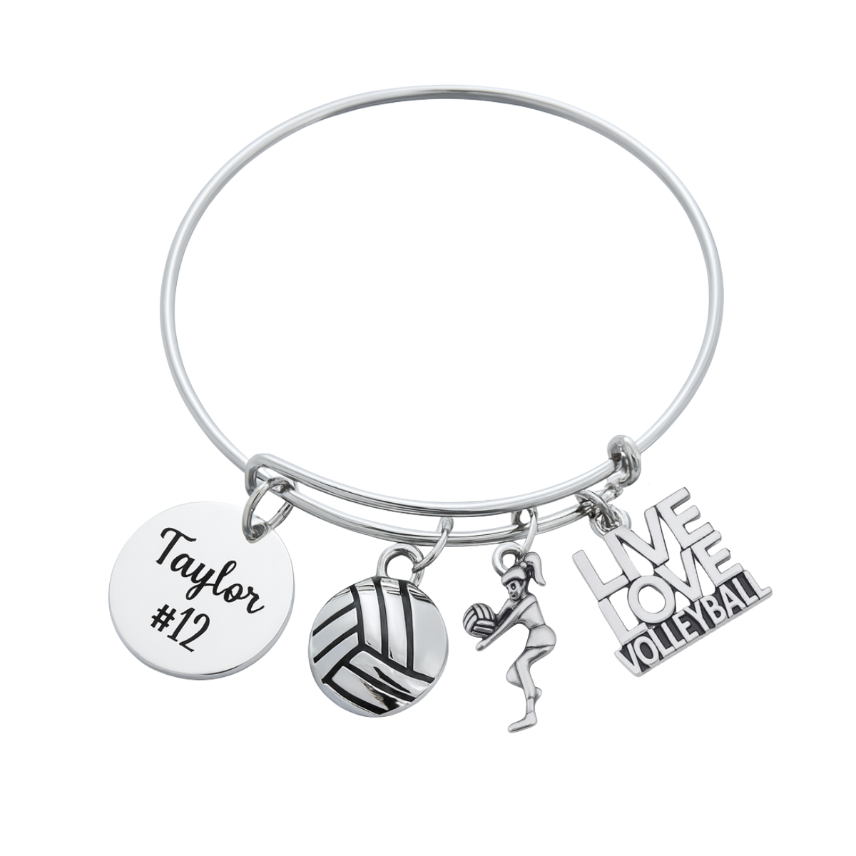 Personalized Silver Plated Adjustable Volleyball Bracelet with Engraved Charm