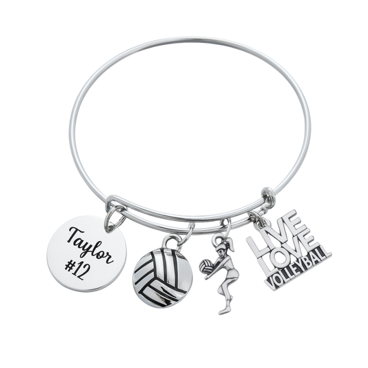 Personalized Silver Plated Adjustable Volleyball Bracelet with Engraved Charm