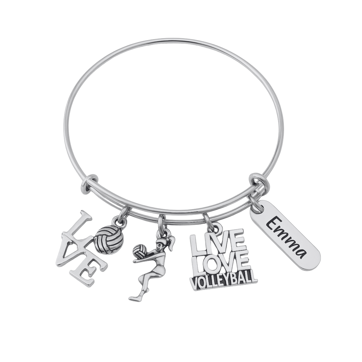 Personalized Silver Plated Adjustable Volleyball Bracelet with Engraved Charm