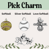 Assorted softball charms for bracelets including colorful and silver options, perfect for softball jewelry gifts.