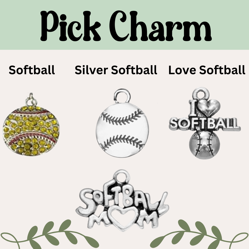 Assorted softball charms for bracelets including colorful and silver options, perfect for softball jewelry gifts.