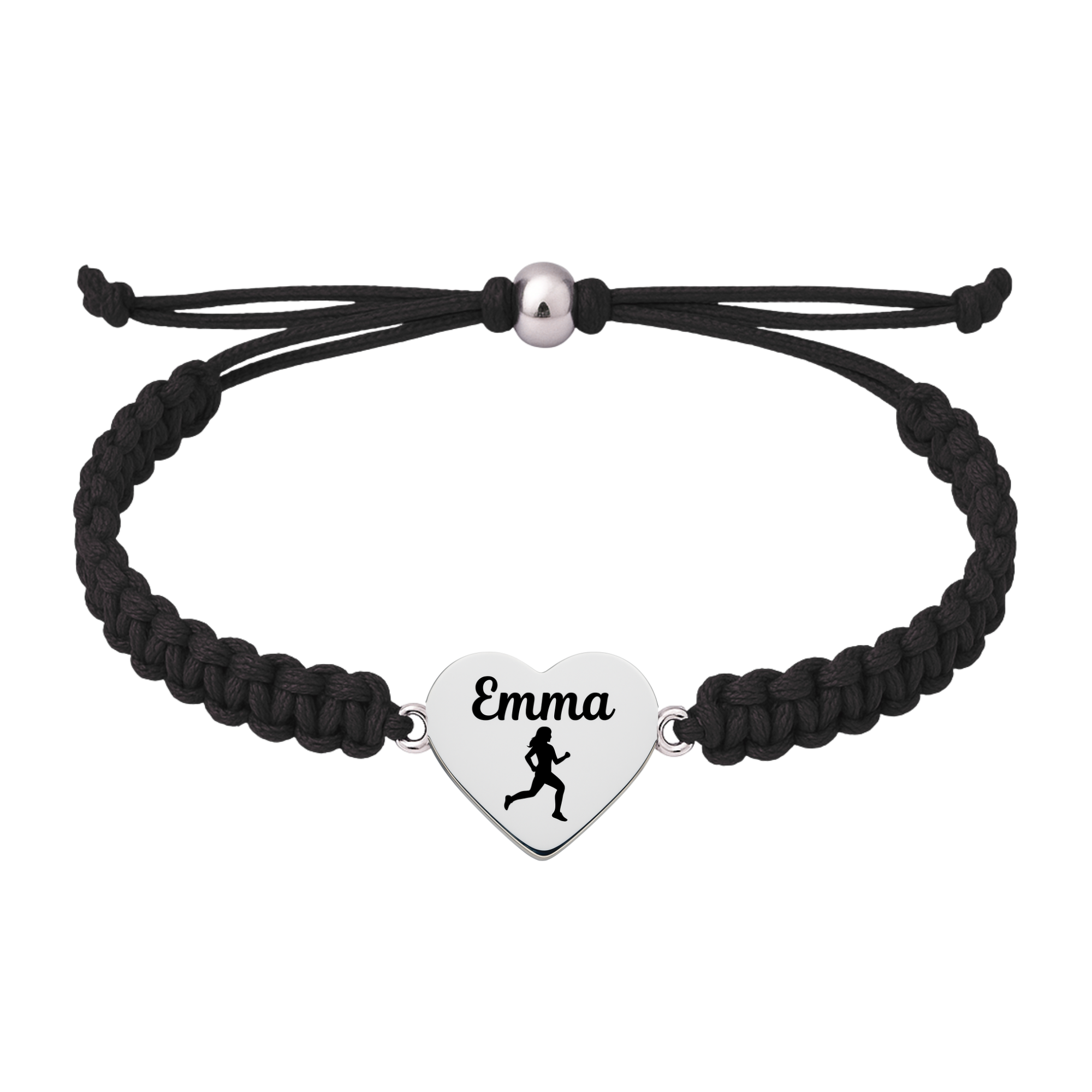 Black adjustable rope bracelet with engraved heart charm featuring “Emma” and running icon