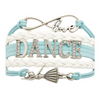 Light blue and white dance bracelet with infinity charm and silver DANCE letters, includes ballet shoe charm for ballerinas