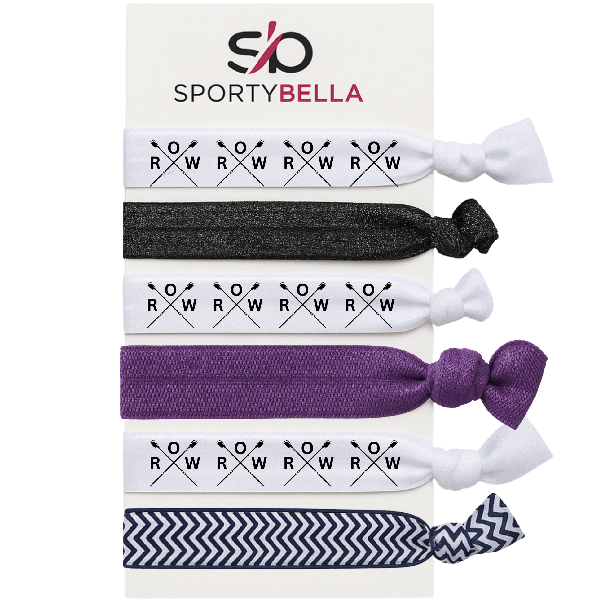 Set of 6 rowing hair ties featuring crossed oars and 'ROW' print, perfect gift for girls in crew teams.