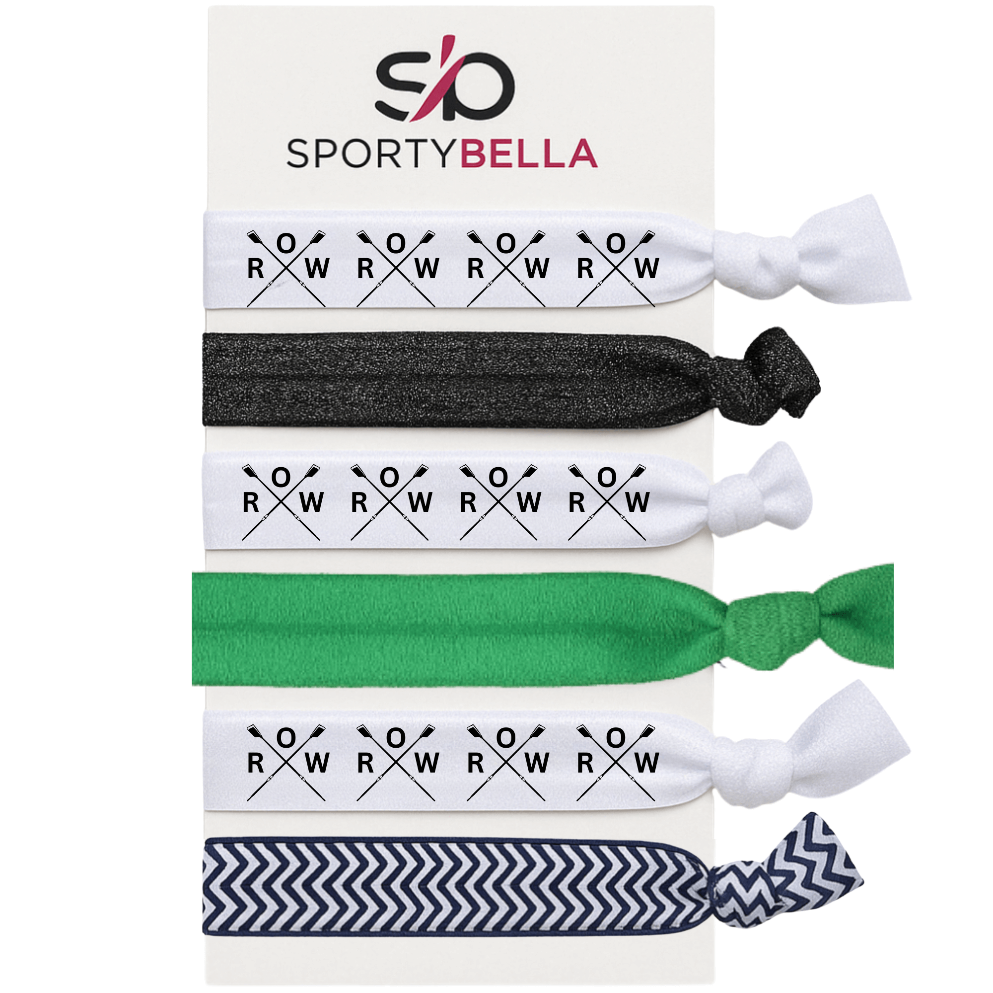 Set of 6 no crease ponytail holders featuring crossed oars design, ideal rowing gift for girls.