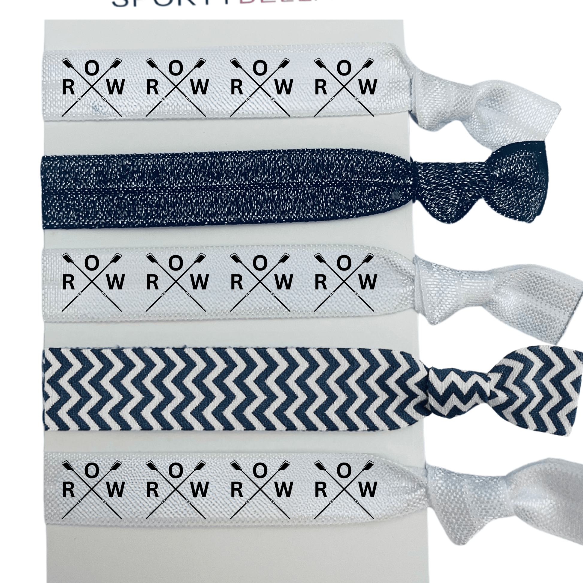Rowing hair ties featuring crossed oars and 'ROW' print, perfect for crew teams and girls, set of 6 no crease holders.