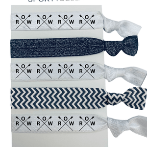 Rowing hair ties featuring crossed oars and 'ROW' print, perfect for crew teams and girls, set of 6 no crease holders.