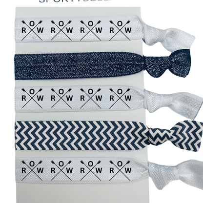 Rowing hair ties featuring crossed oars and 'ROW' print, perfect for crew teams and girls, set of 6 no crease holders.