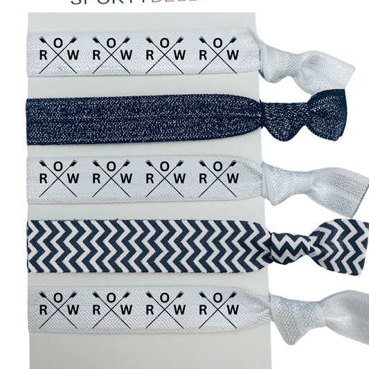 Rowing hair ties featuring crossed oars and 'ROW' print, perfect for crew teams and girls, set of 6 no crease holders.