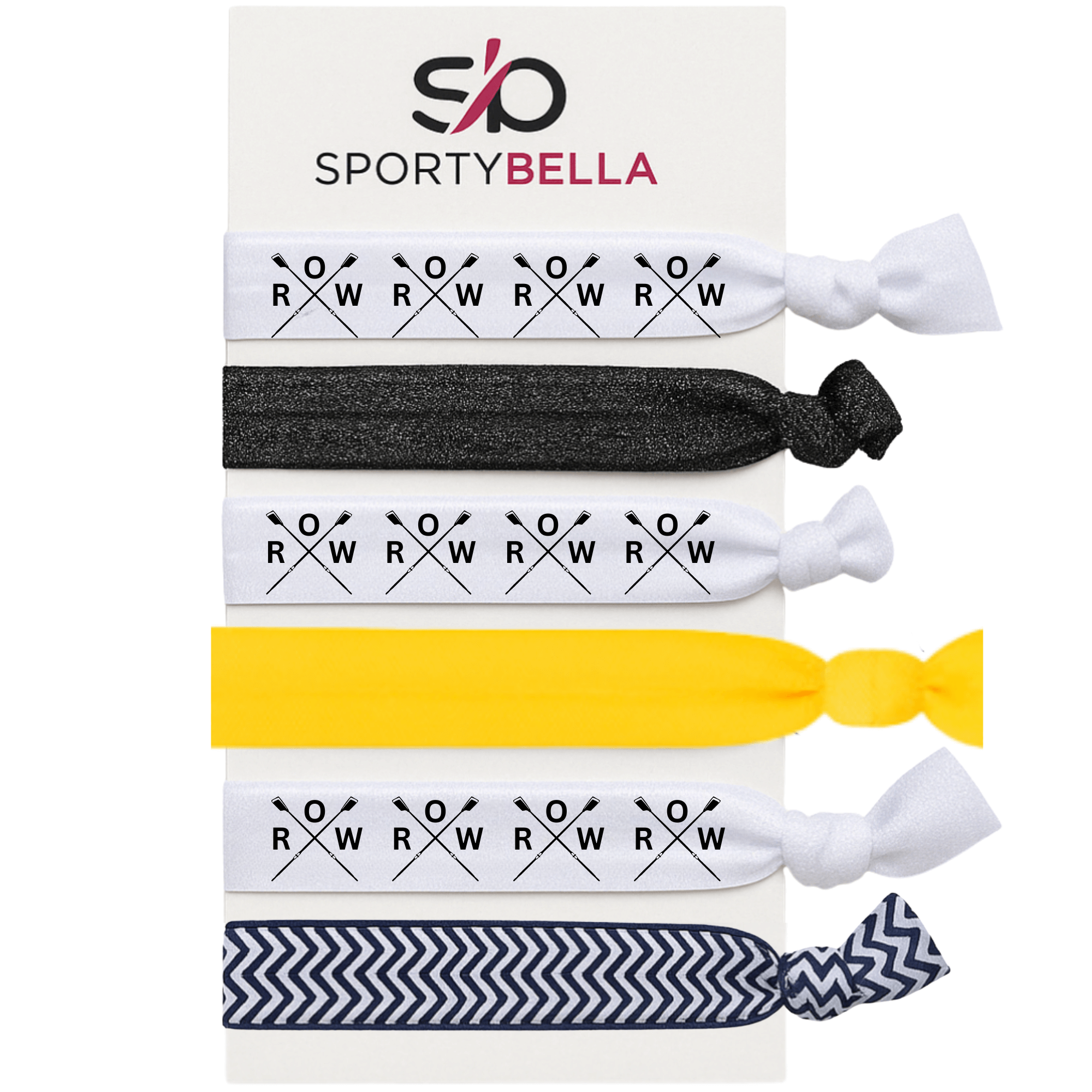 Set of 6 rowing hair ties featuring crossed oars design; a perfect rowing gift for girls and crew teams.