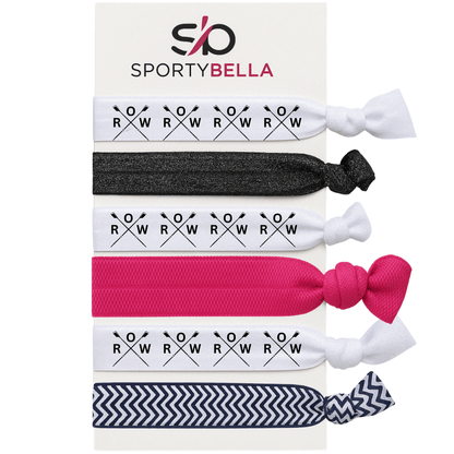 Set of 6 rowing hair ties featuring crossed oars and "ROW" design, perfect for girls and crew teams.
