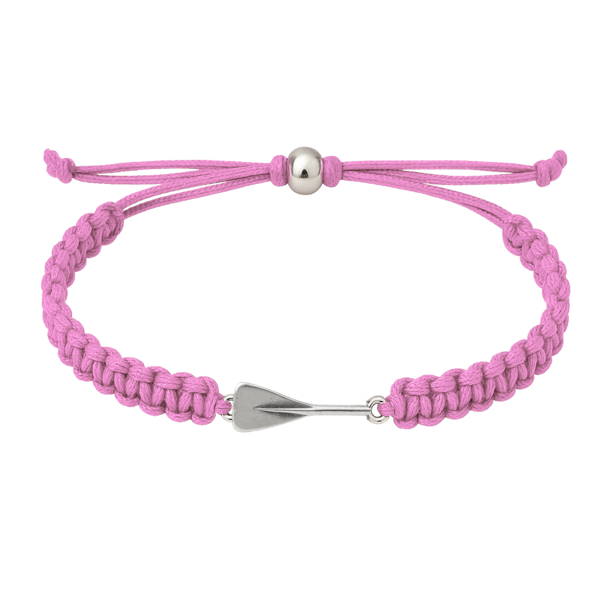 Simple light pink rowing bracelet with adjustable slip knot closure and silver oar charm.