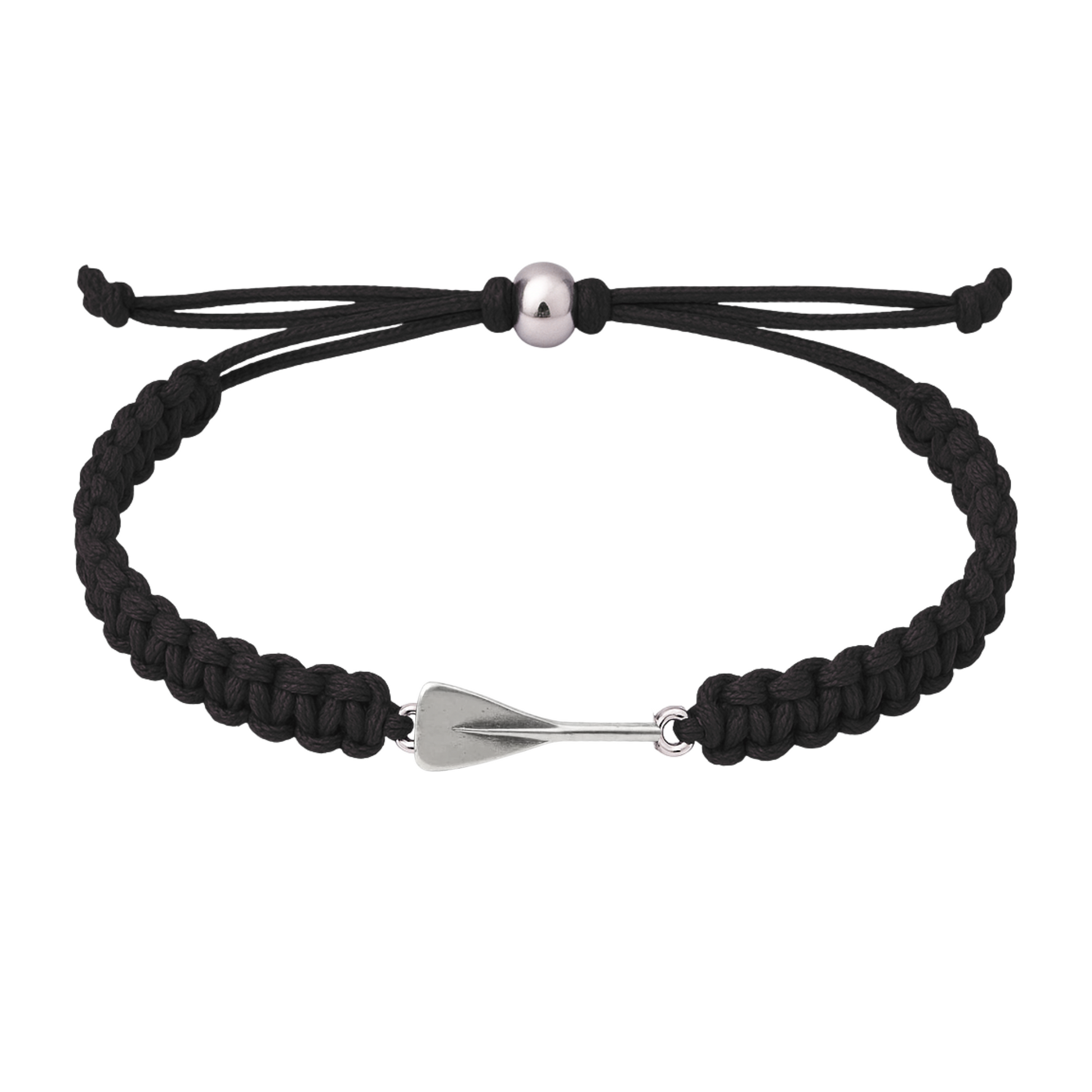 Adjustable black rowing bracelet with braided rope and silver oar charm for rowers and fans.