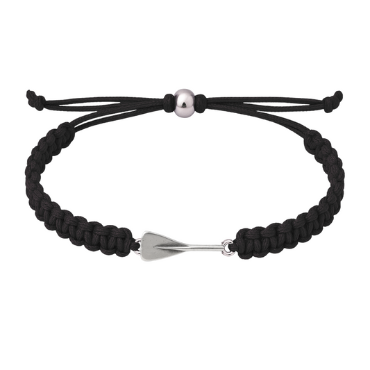 Adjustable black rowing bracelet with braided rope and silver oar charm for rowers and fans.