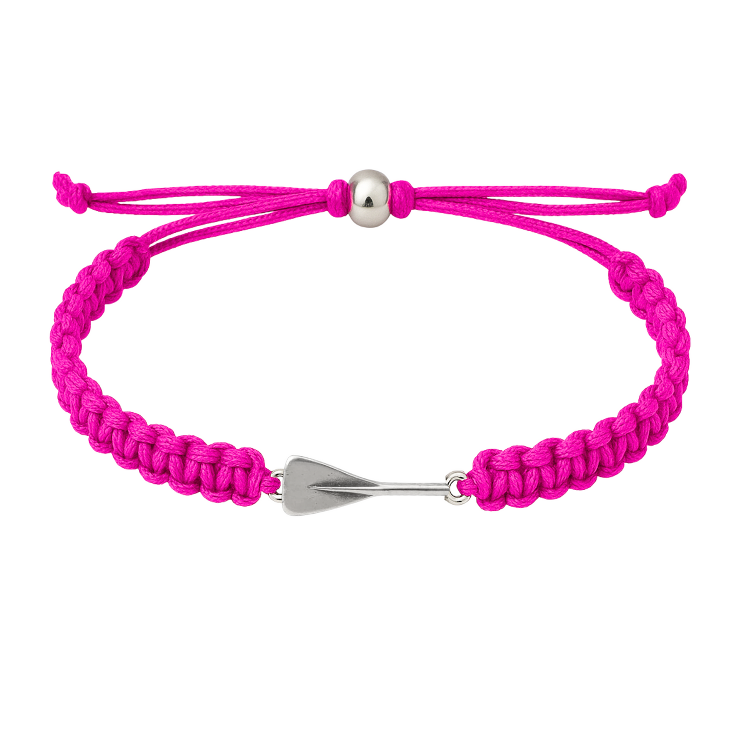 Bright pink rowing bracelet with silver oar charm and durable braided cord design.