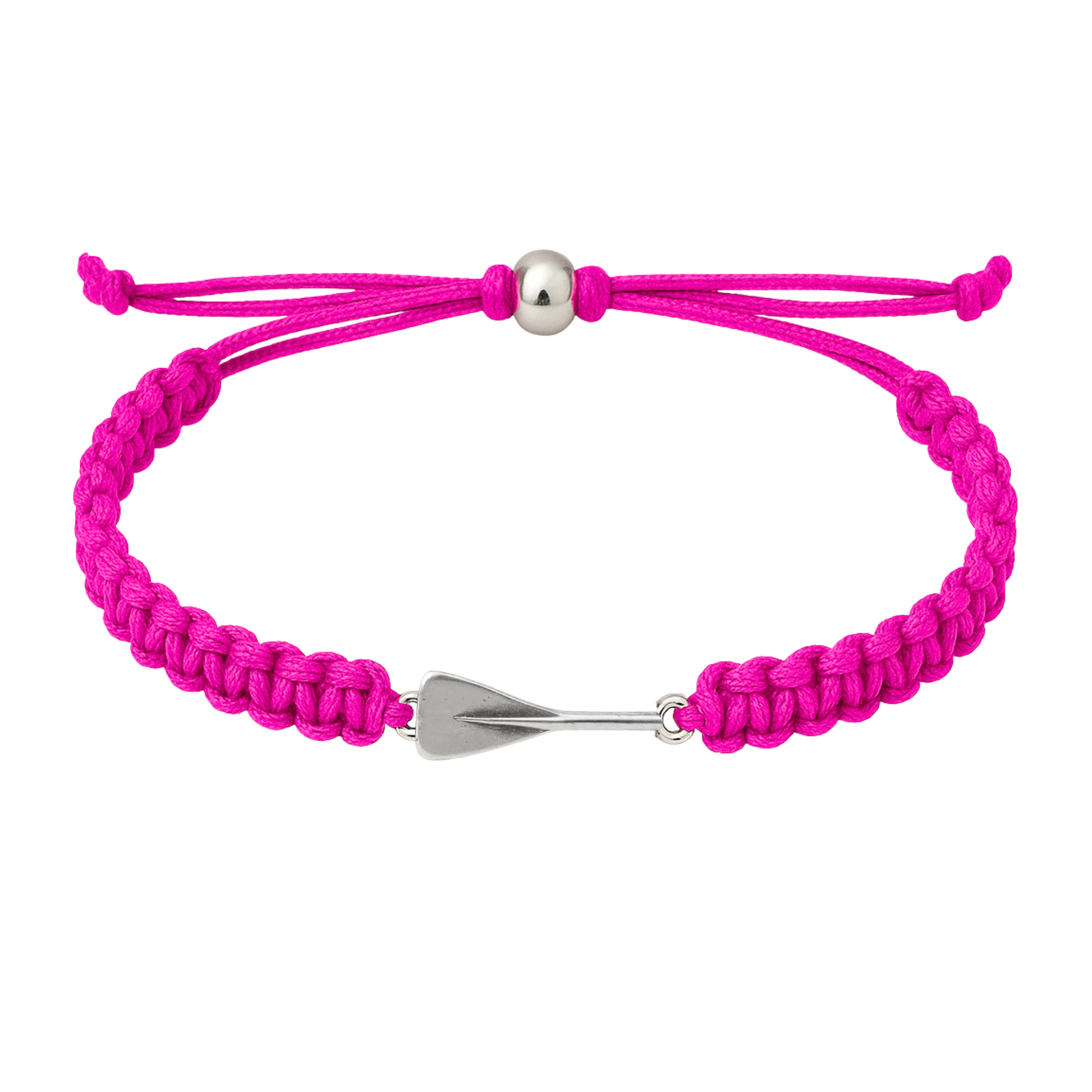 Bright pink rowing bracelet with silver oar charm and durable braided cord design.