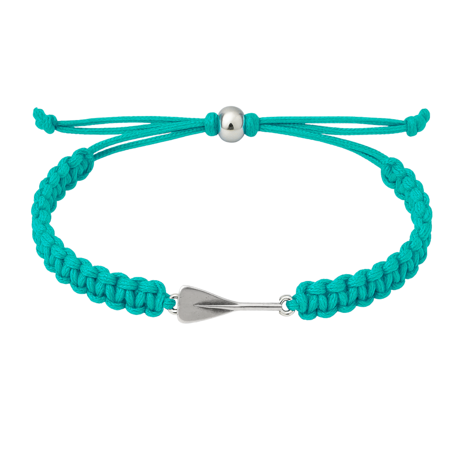 Turquoise rowing bracelet with silver oar charm and adjustable waterproof cord.
