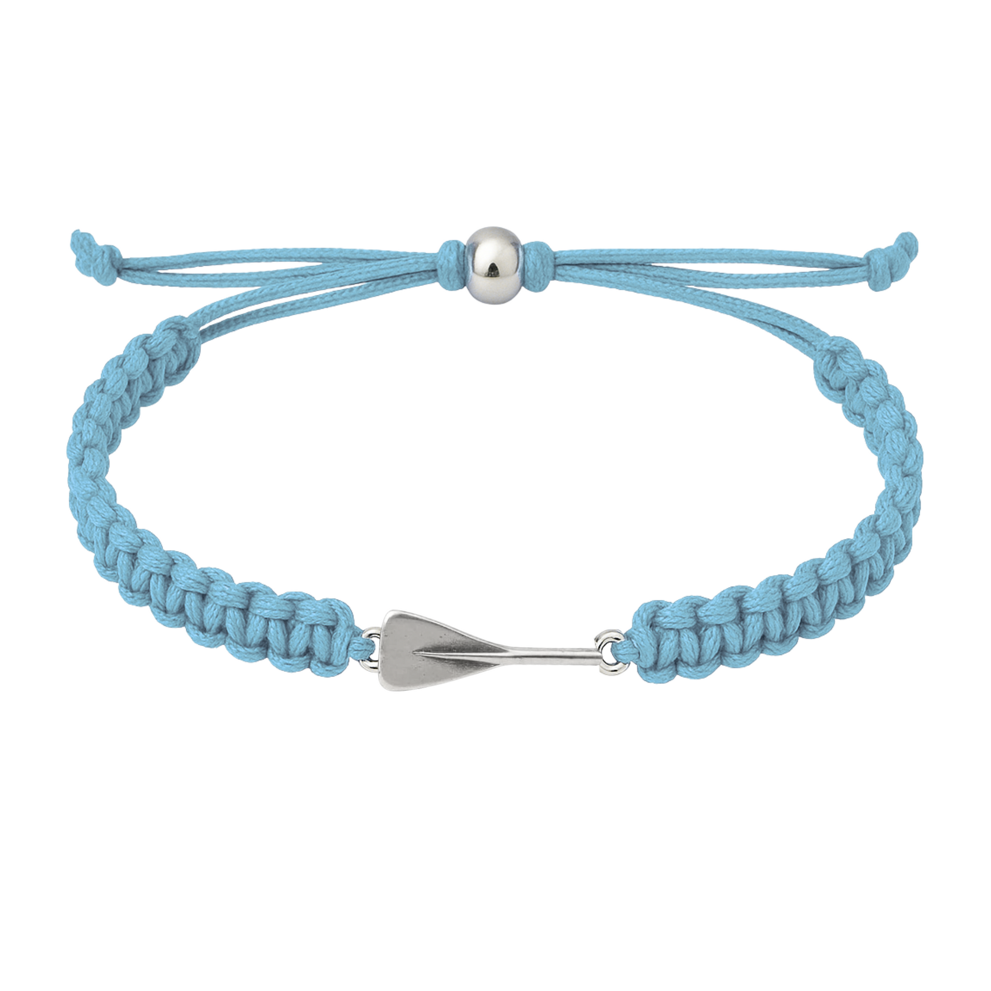 Light blue rowing bracelet with silver oar charm and adjustable braided rope cord.