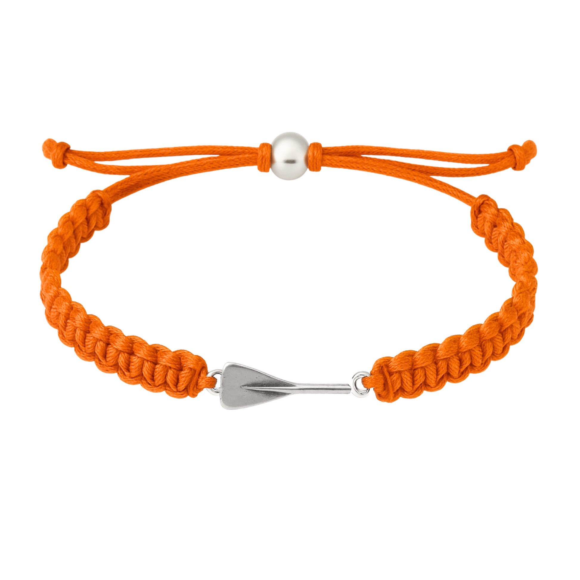 Orange rowing bracelet with silver oar charm, perfect for rowing teams and athletes.
