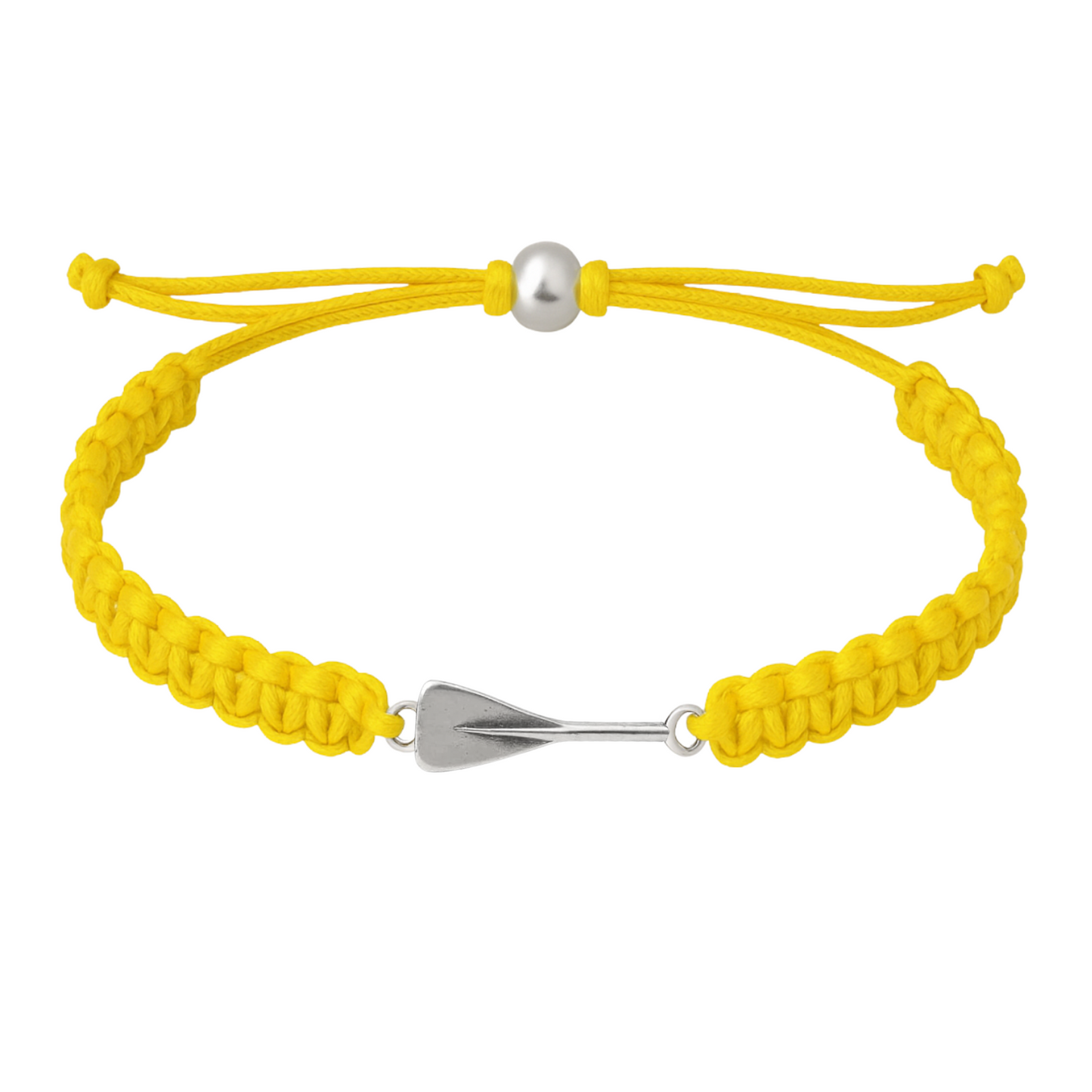 Vibrant yellow rowing bracelet with silver oar charm and adjustable slip knot closure.