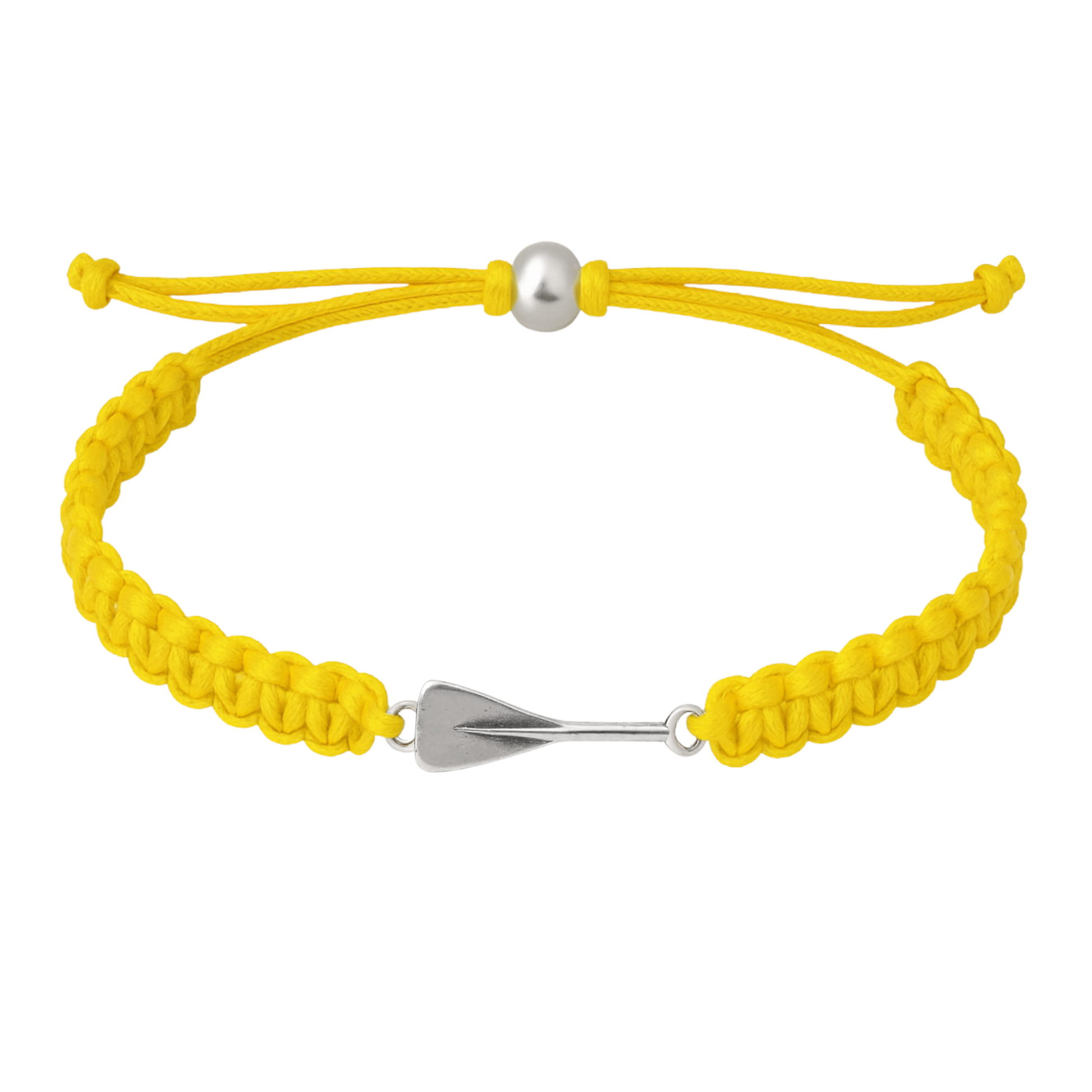 Vibrant yellow rowing bracelet with silver oar charm and adjustable slip knot closure.
