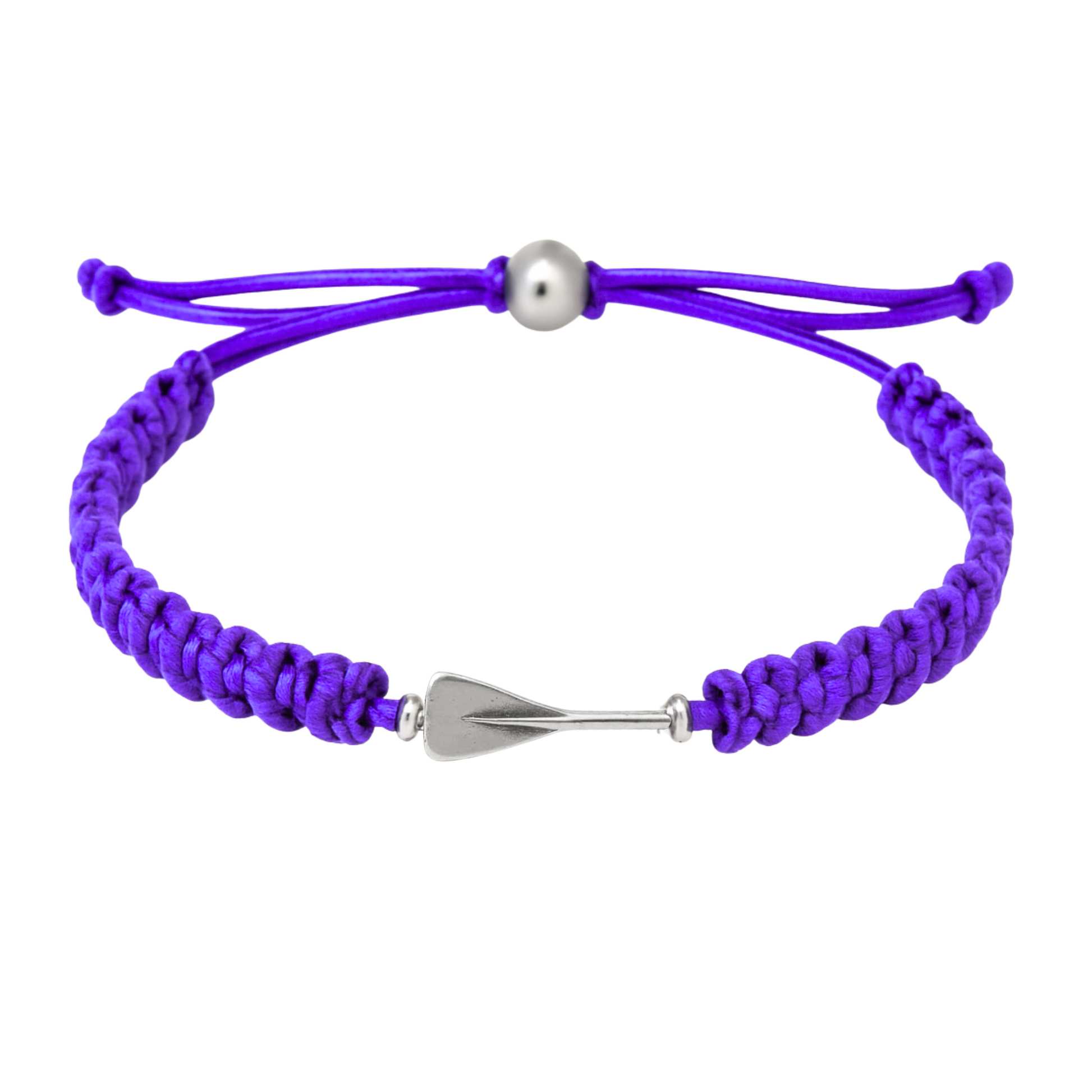 Purple rowing bracelet with braided cord and stainless silver oar charm, unisex design.