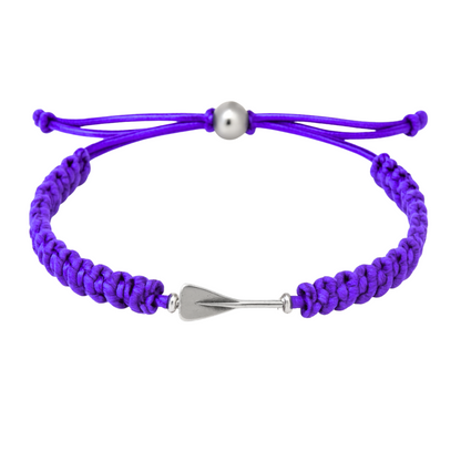 Purple rowing bracelet with braided cord and stainless silver oar charm, unisex design.