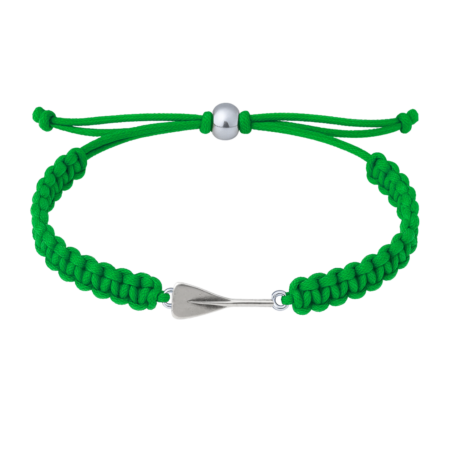 Bright green rowing bracelet with braided rope cord and silver oar charm.