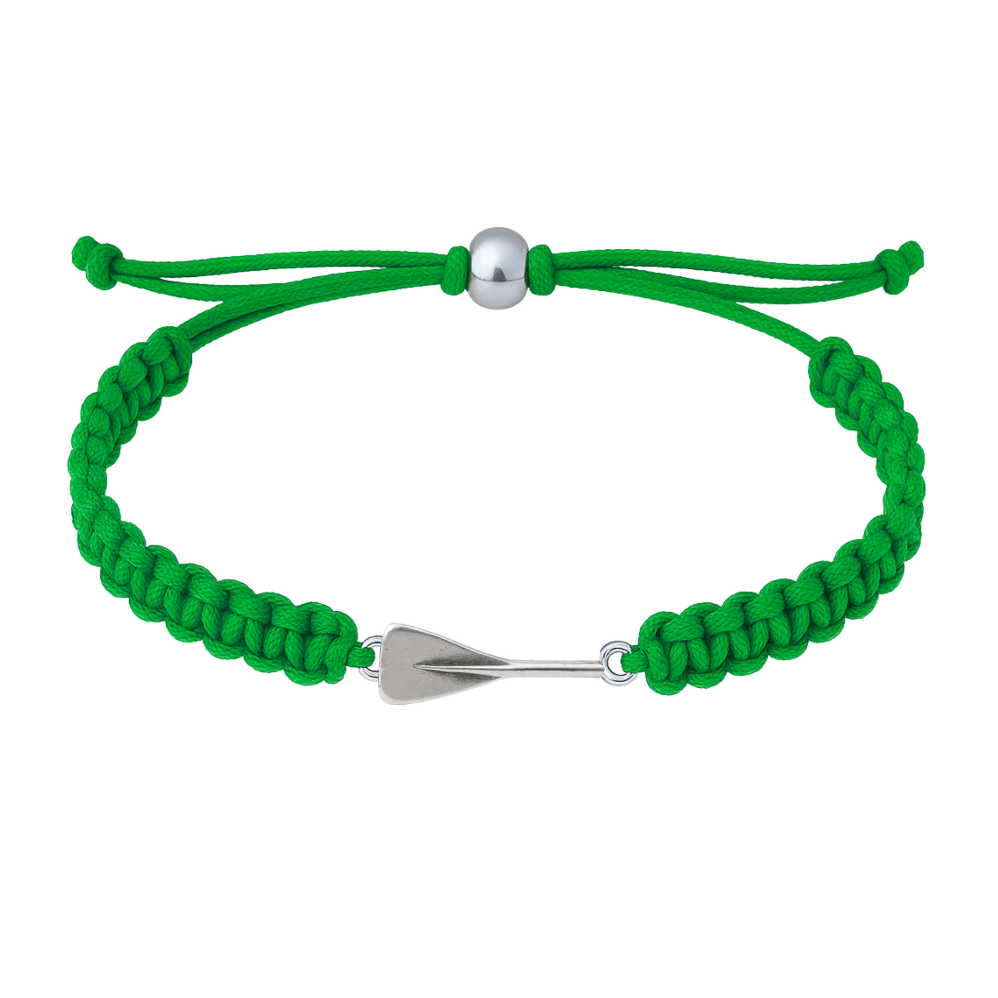 Bright green rowing bracelet with braided rope cord and silver oar charm.