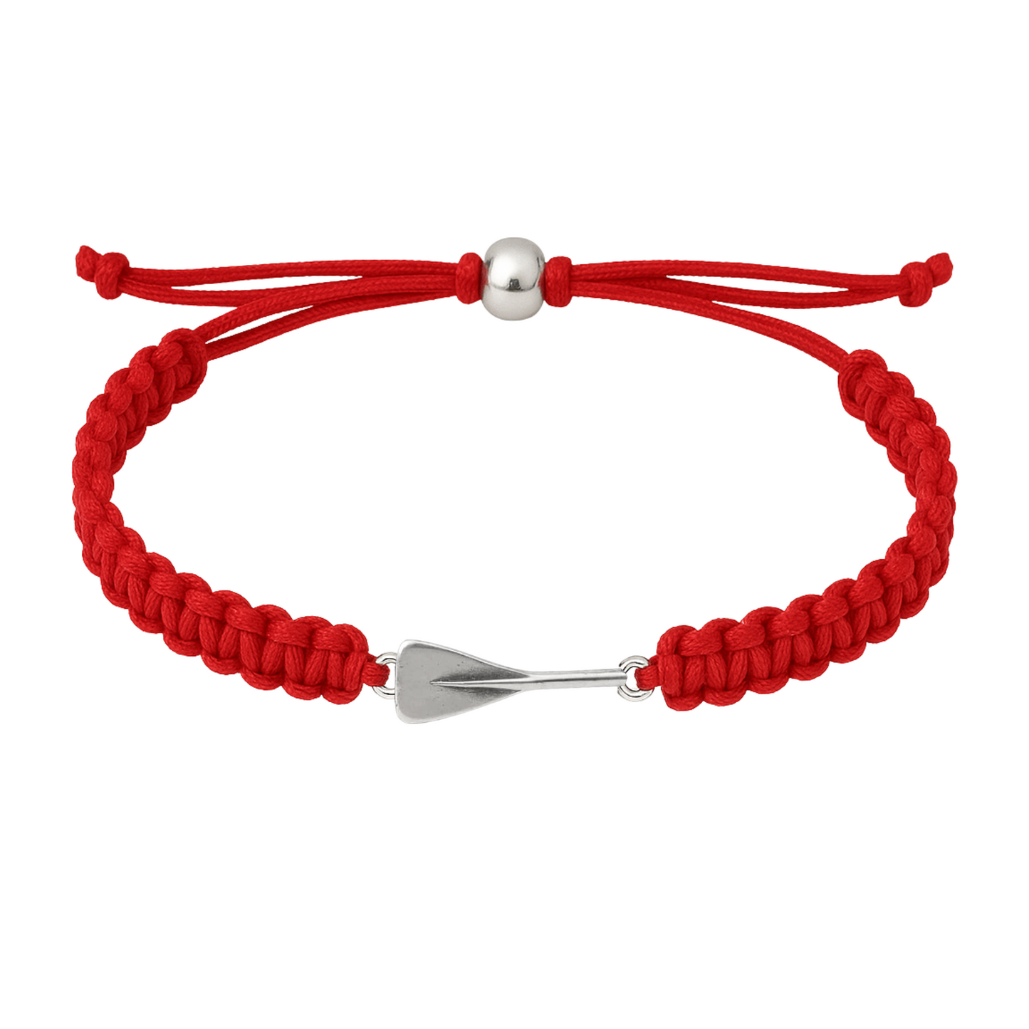 Red rowing bracelet with silver oar charm and braided rope cord for rowers and fans.
