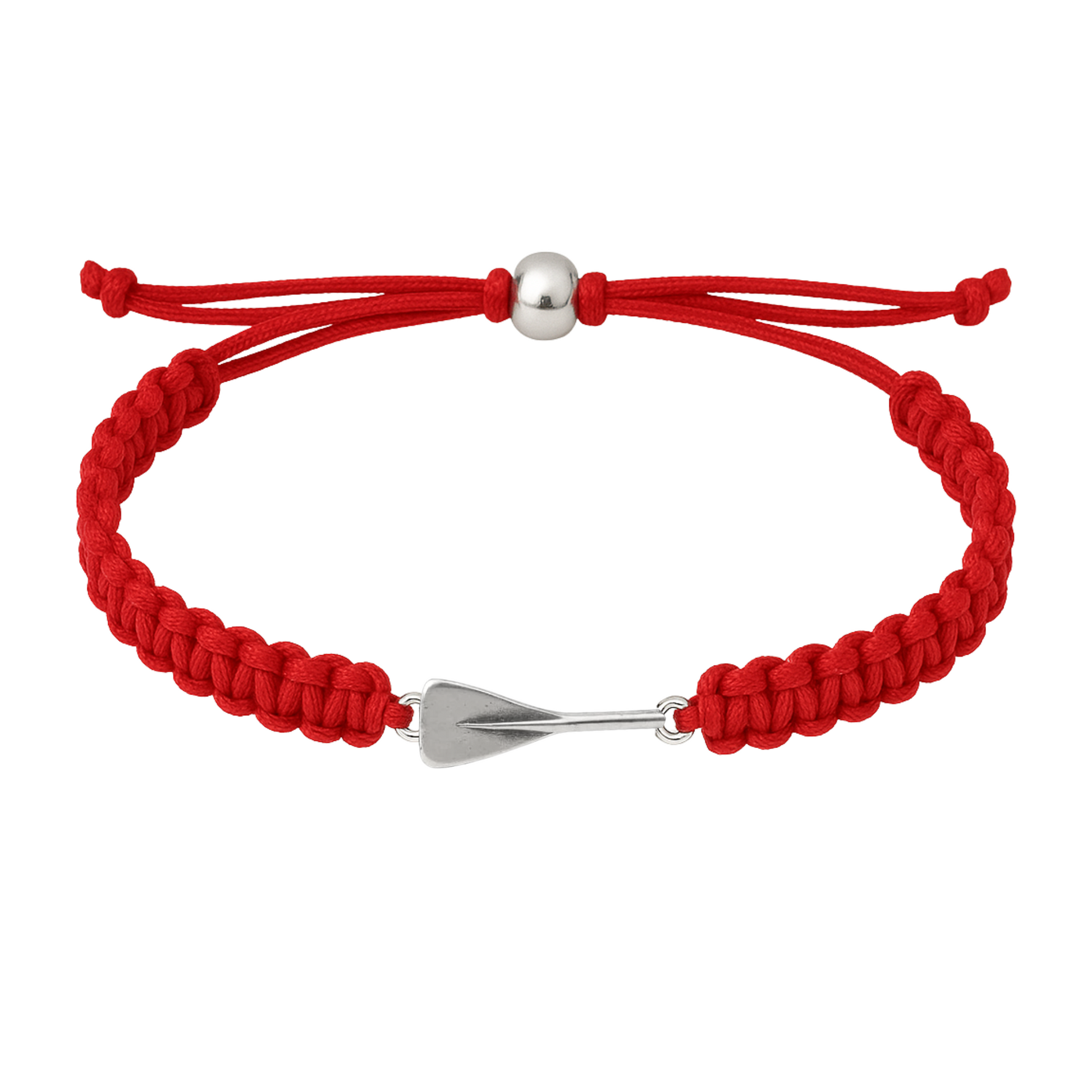 Red rowing bracelet with silver oar charm and braided rope cord for rowers and fans.
