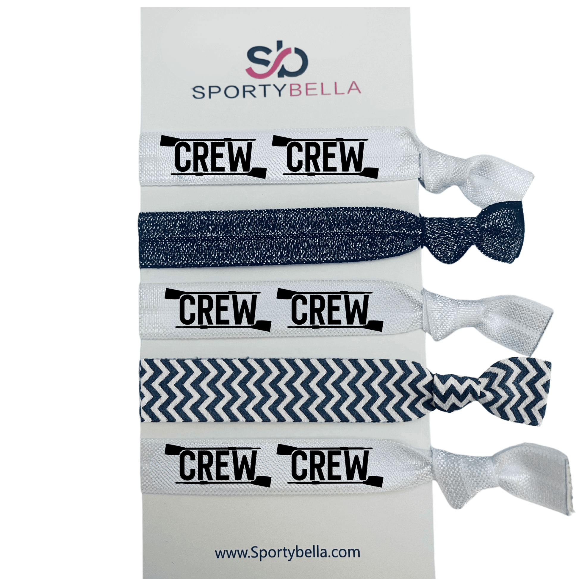 Set of Rowing Hair Ties with 'CREW' design, no crease elastic ponytail holders for rowers and crew teams.