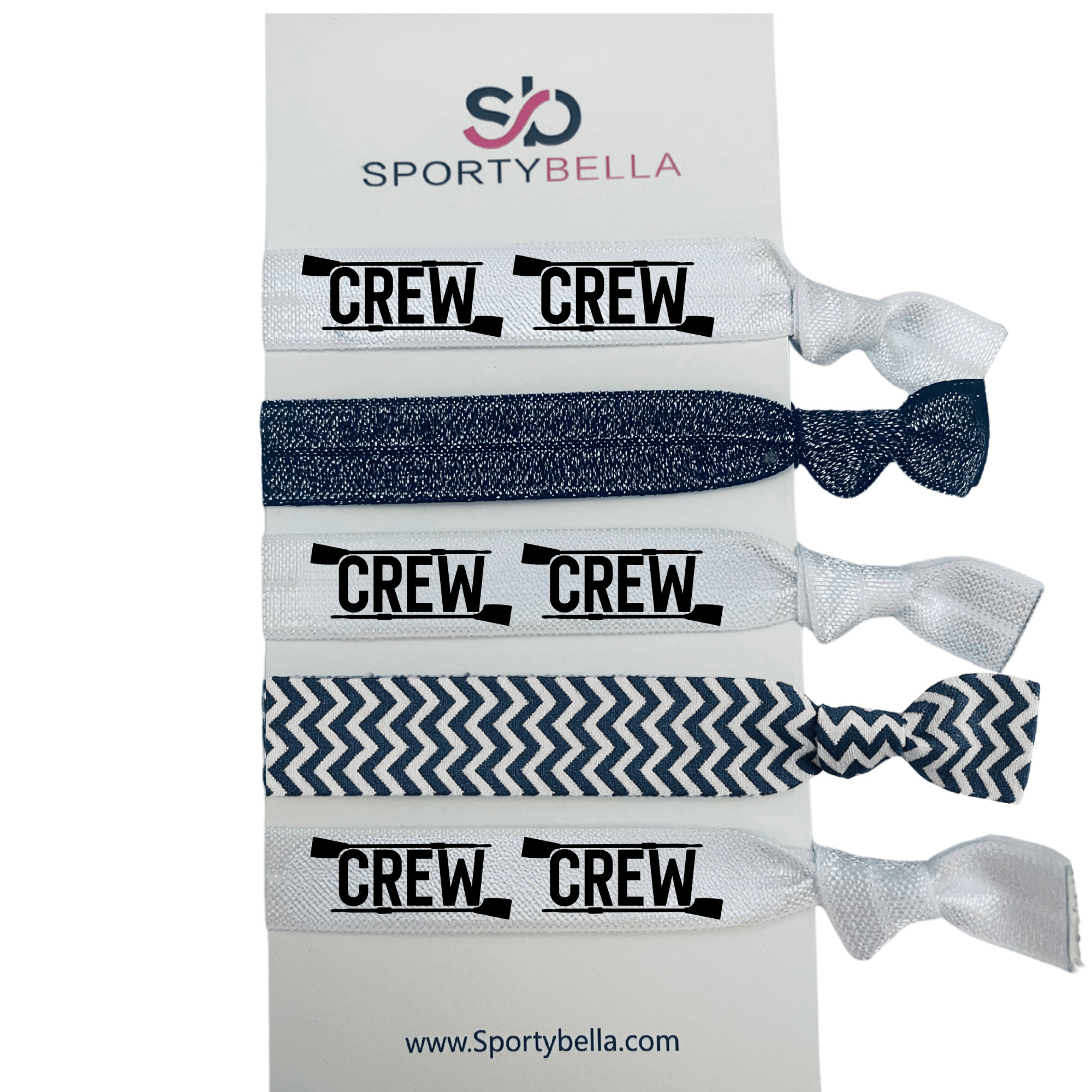 Set of Rowing Hair Ties with 'CREW' design, no crease elastic ponytail holders for rowers and crew teams.