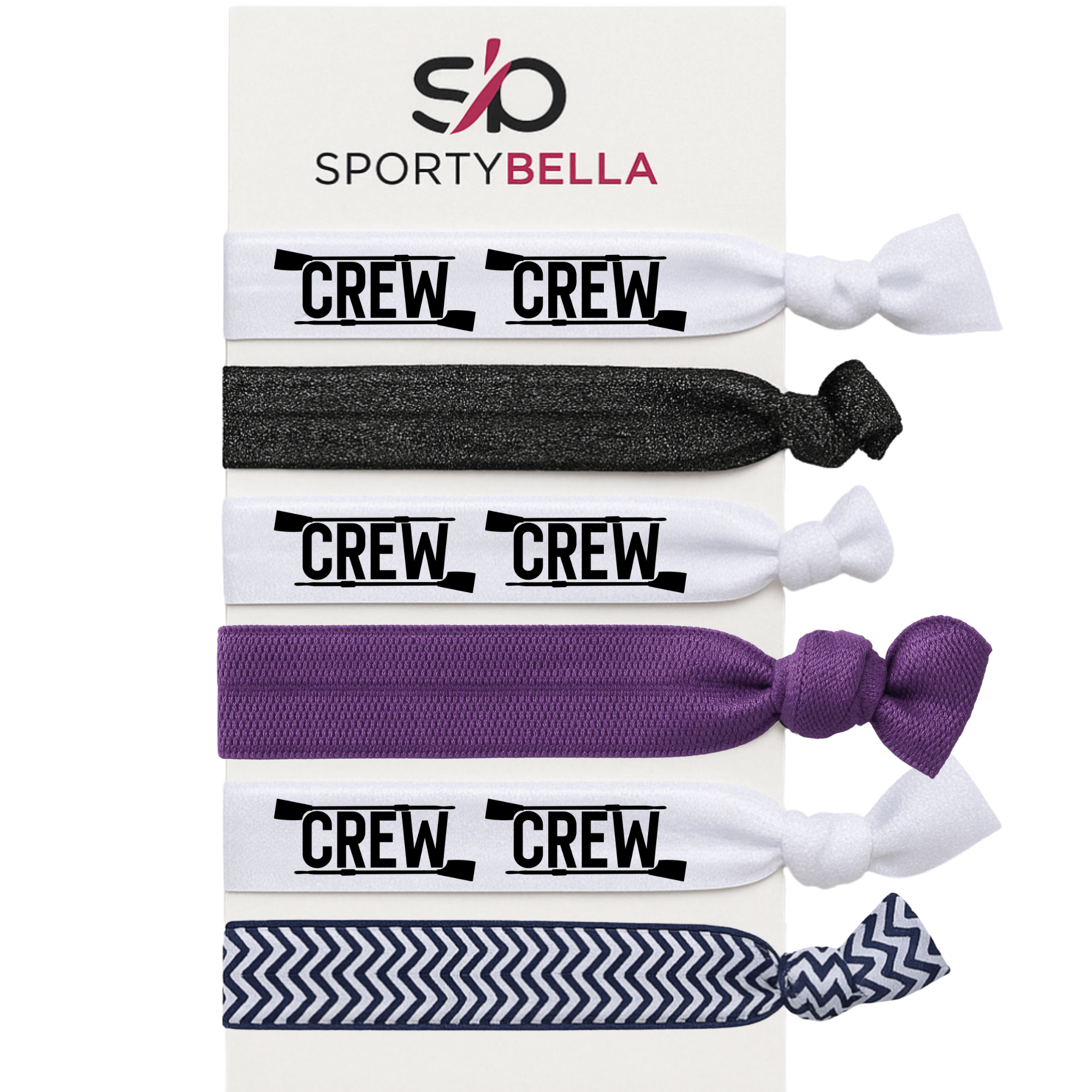 Set of 6 no crease hair ties for rowing featuring 'CREW' design, perfect rowing gift for girls.