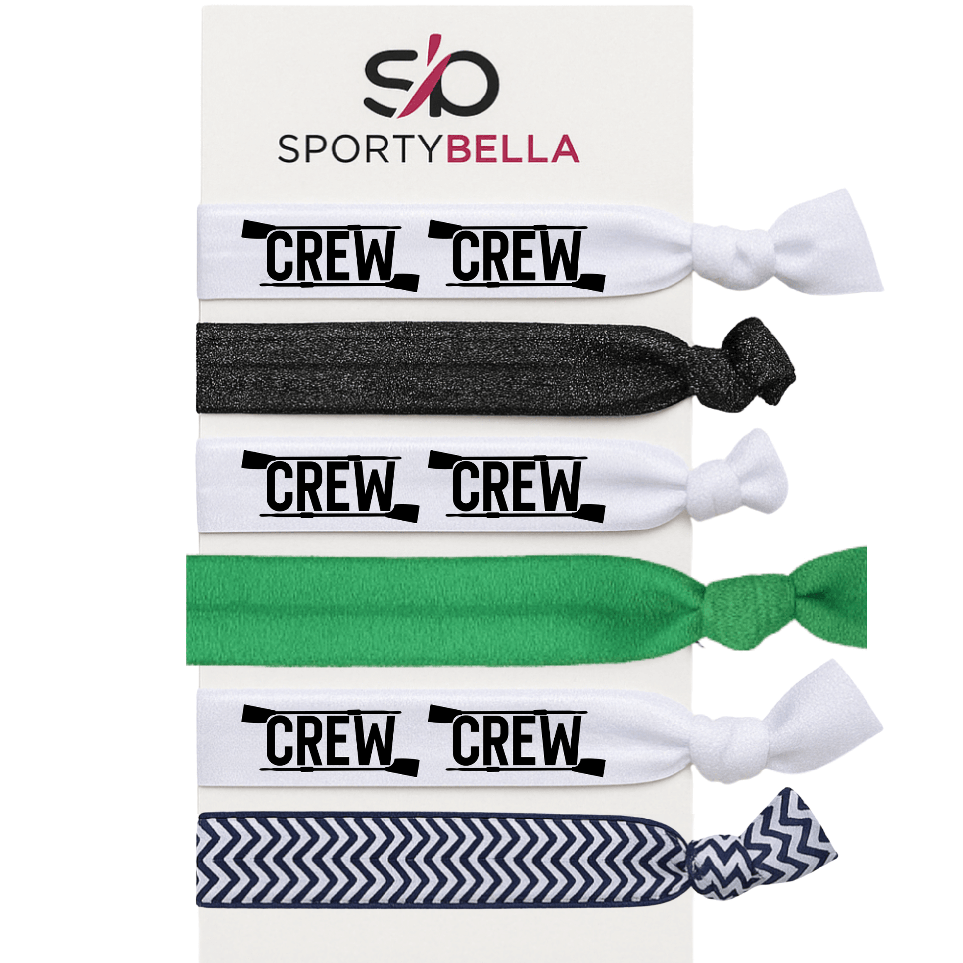 Rowing hair ties set of 6 featuring 'CREW' design, perfect for rowers and as a rowing gift for girls.