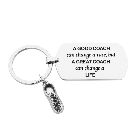 Running coach keychain with engraved quote "A good coach can change a race, but a great coach can change a life" and silver sneaker charm.
