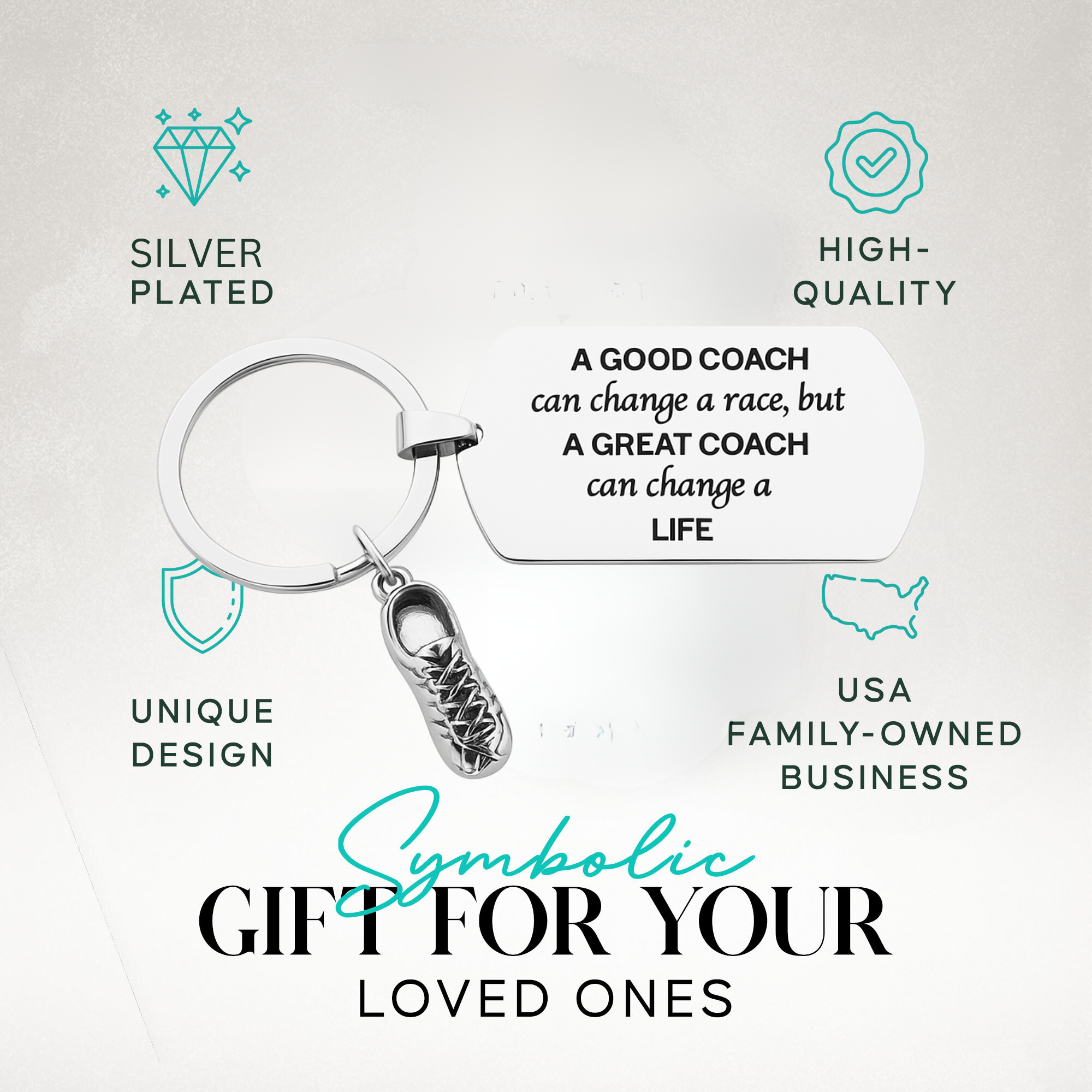 Inspirational coach appreciation keychain with engraved message and track shoe charm, perfect gift for running and cross country coaches.