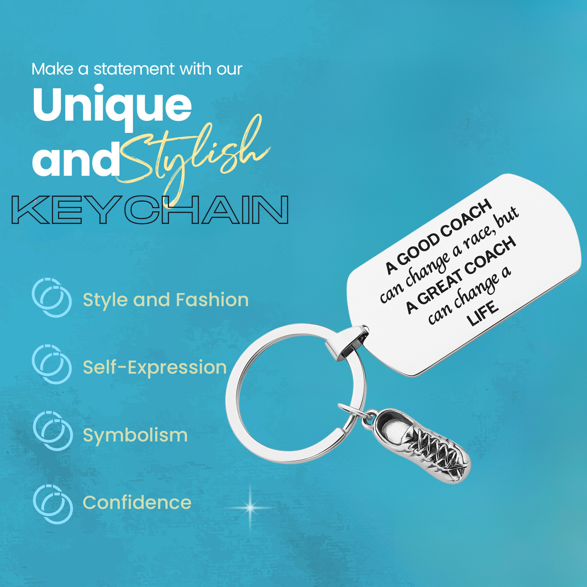 Running shoe charm keychain with powerful coaching quote, ideal end-of-season or thank-you gift for track coaches.