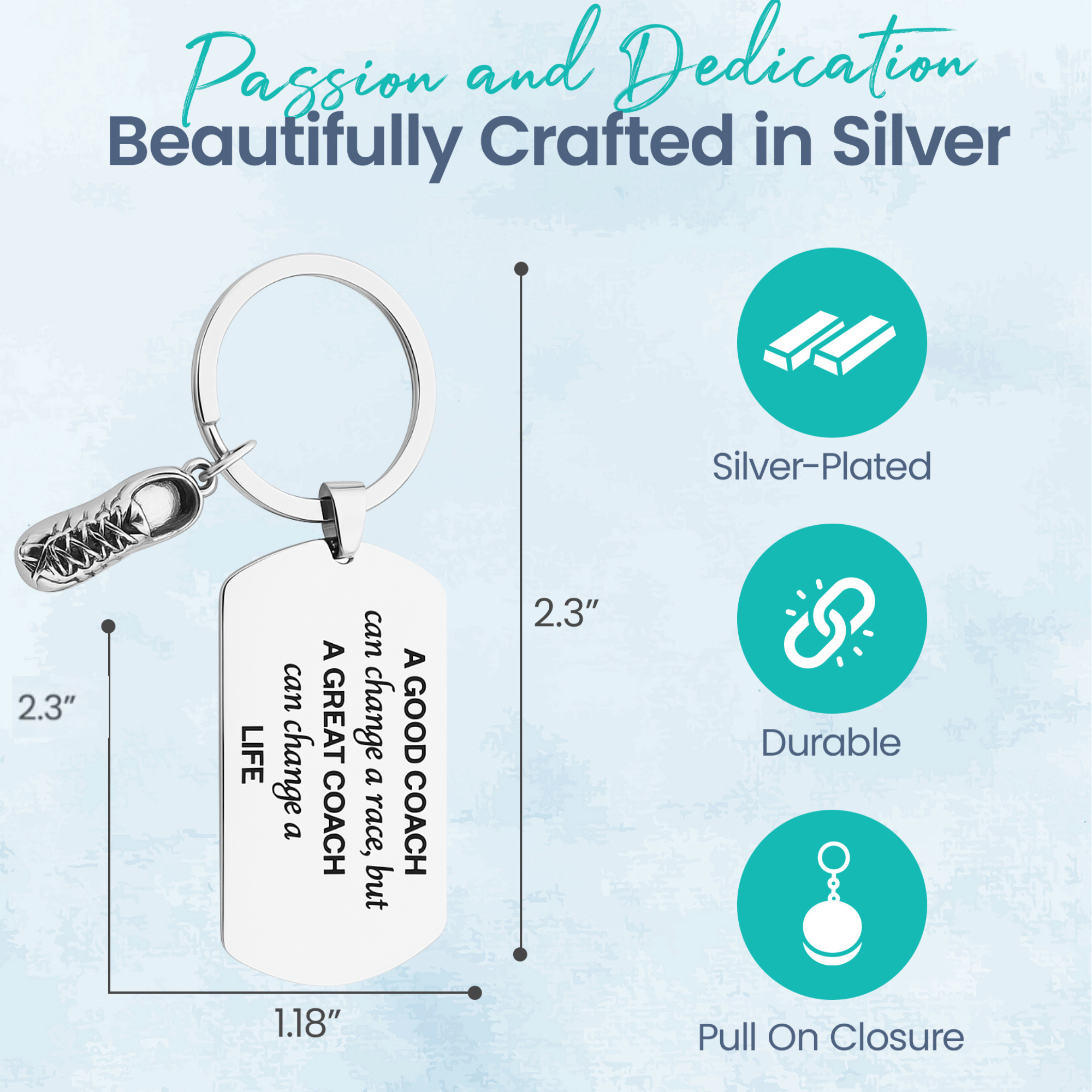 Coach gift keychain with engraved plate honoring great coaches and realistic sneaker charm for runners.