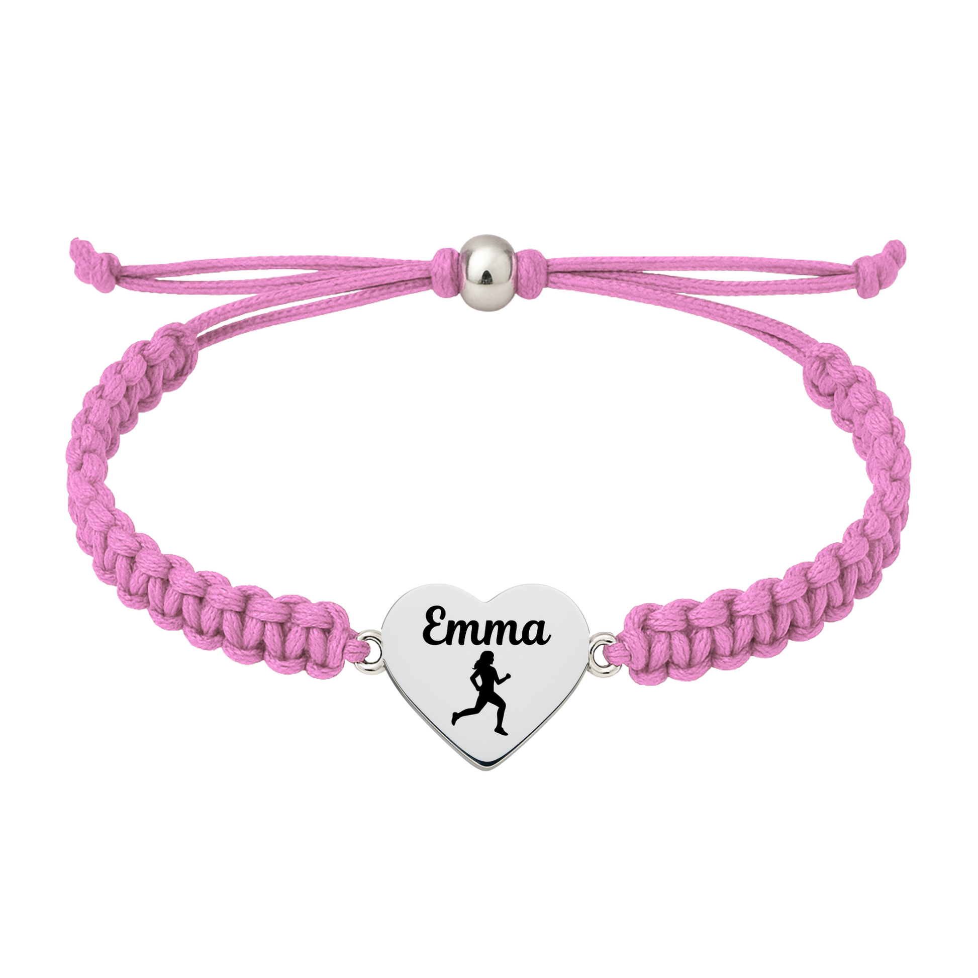 Light pink rope bracelet with personalized engraved runner charm