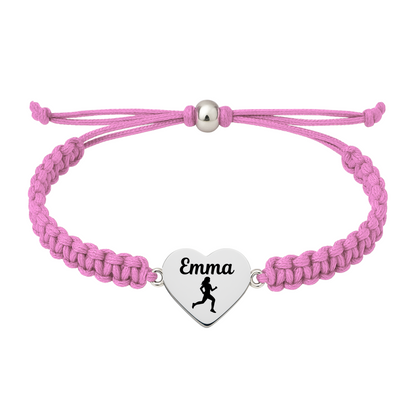 Light pink rope bracelet with personalized engraved runner charm