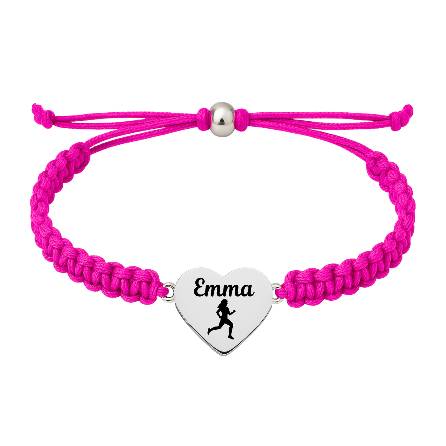 Hot pink braided rope bracelet with heart-shaped stainless steel charm engraved and a female runner icon
