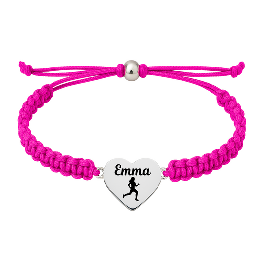 Hot pink braided rope bracelet with heart-shaped stainless steel charm engraved and a female runner icon